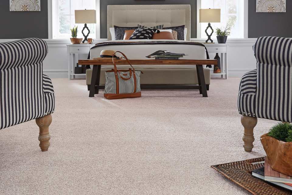 plush white cut pile carpet in modern gray bedroom